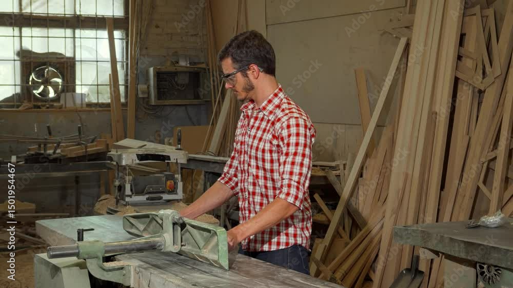 Young male carpenter skillfully grinding a wooden piece in his bustling workshop Young male carpenter skillfully grinding a wooden piece in his bustling workshop