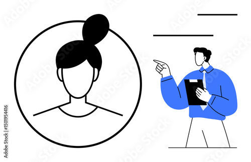 Profile outline of a woman beside a man holding a clipboard, pointing directionally. Ideal for teamwork, leadership, HR, profile management, decision-making, business strategy, and communication