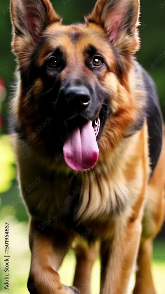 Close-up, low-angle shot of a joyful German Shepherd running towards the camera, capturing its playful energy. Ideal for a pet-themed video. Live mobile wallpaper. Close-up, low-angle shot of a joyful German Shepherd running towards the camera, capturing its playful energy. Ideal for a pet-themed video. Live mobile wallpaper.