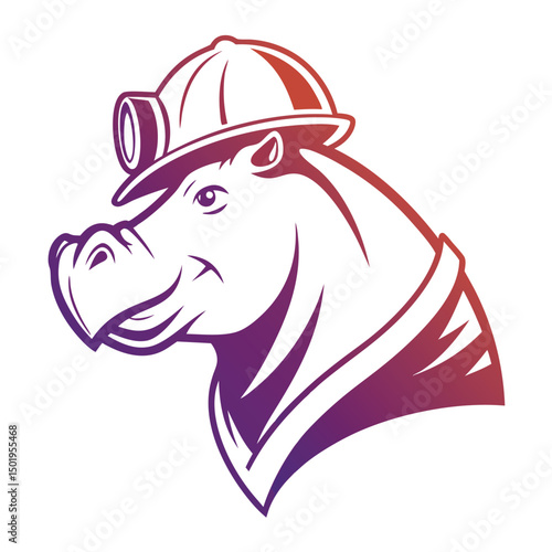 Vector illustration of a hippo wearing a mining helmet, showcasing a playful design ideal for logos and clipart photo
