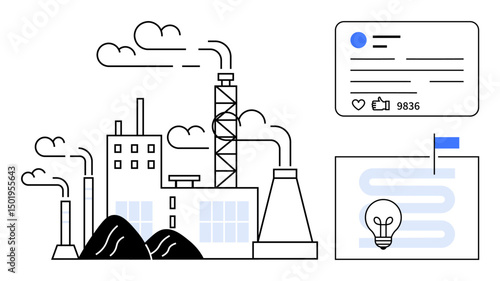 Factory with smoke stacks, social media post with engagement stats, and roadmap with lightbulb. Ideal for industry, sustainability, communication, strategy, innovation, planning environment simple