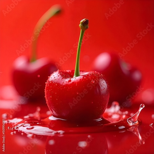 Fresh Red Cherry with Water Splash – Juicy Fruit Close-Up on Red Background

