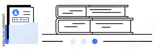 Document in folder and books on shelf representing information storage, record-keeping, data organization, and learning. Ideal for education, business, library, digital archive, publishing research
