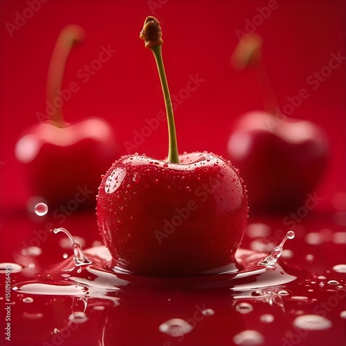 Fresh Red Cherry with Splash – Juicy Fruit on Red Background Macro Photography

