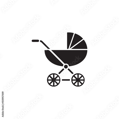Simple black icon of a baby stroller.A black and white silhouette of a baby stroller.