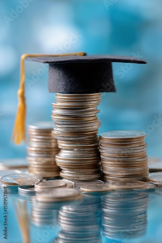 Stacked Coins With Graduation Cap Representing Education and Financial Invest...