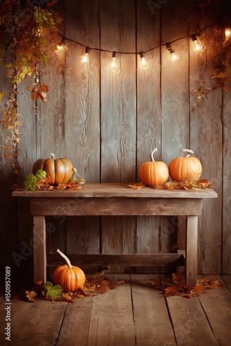 Fall Decor Arrangement With Pumpkins on Wooden Table Beneath String Lights in...