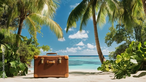 Tropical Beach With Suitcase Surrounded by Palm Trees and Vibrant Plants Unde...