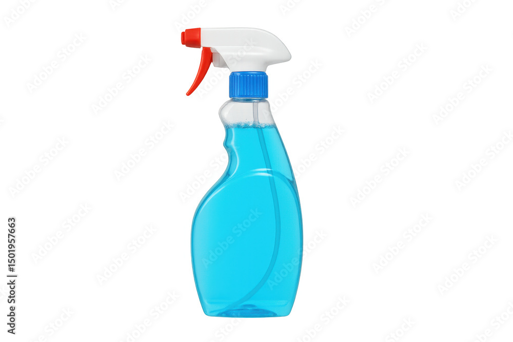 Studio shot of a blue plastic spray bottle filled with cleaning liquid, isolated on a transparent background Studio shot of a blue plastic spray bottle filled with cleaning liquid, isolated on a transparent background