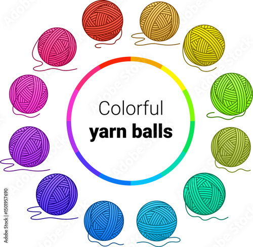 Colorful yarn balls arranged in circle around rainbow color wheel. Knitting and crochet supplies illustration for crafts and hobbies.