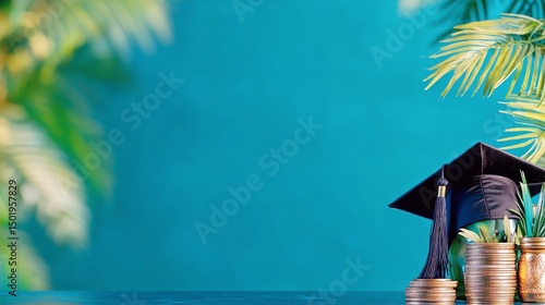 Graduation Cap Beside Stacks of Coins Symbolizing Financial Success in the Ed...