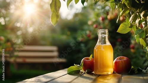 Fresh Juice and Apples on Wooden Table in Sunny Garden at Afternoon