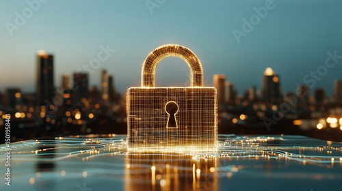Digital Lock Symbolizing Cybersecurity Against City Skyline During Sunset