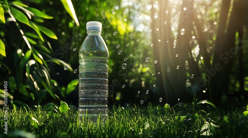 Clear Water Bottle Resting on Green Grass With Sunlight Creating a Serene Atm...