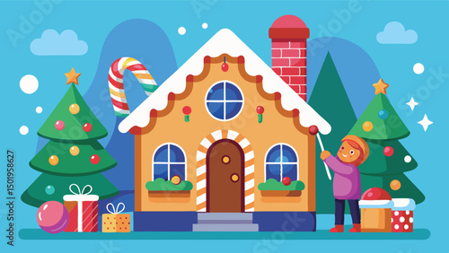 Festive holiday celebration at a colorful house with cheerful characters and decorations in a winter wonderland setting