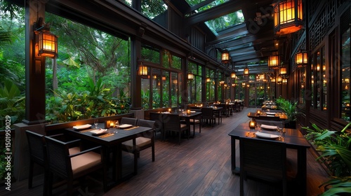 Fototapeta Naklejka Na Ścianę i Meble -  Serene restaurant interior surrounded by lush greenery and natural light.