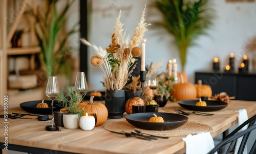 Autumn Dining Setup With Pumpkins and Decorative Elements for a Cozy Atmosphere