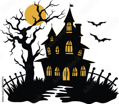 Creepy Halloween Haunted House Vector – Night Sky and Full Moon