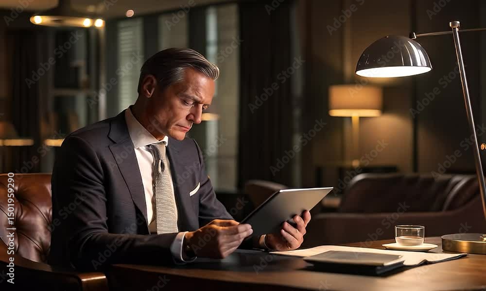 Executive reviews project on tablet device in luxury office suite Executive reviews project on tablet device in luxury office suite