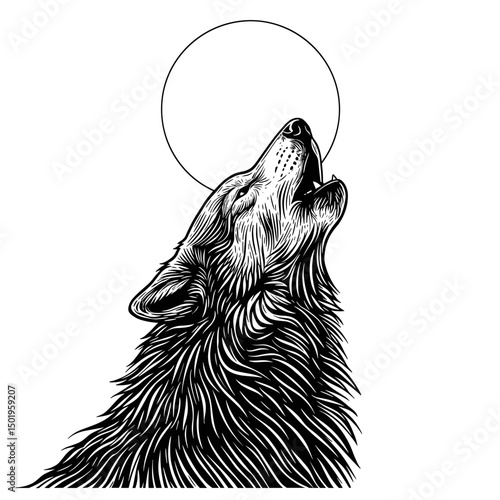 Howling wolf at moon in monochrome illustration