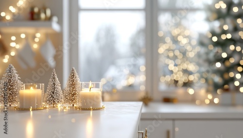 Elegant winter holiday display with candles and trees in a cozy kitchen setting