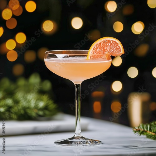 Elegant Cocktail Garnished With Orange Slice on a Marble Bar Top With Blurred...