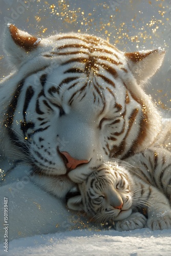 White Tiger and Cub Resting Together in a Peaceful Winter Setting