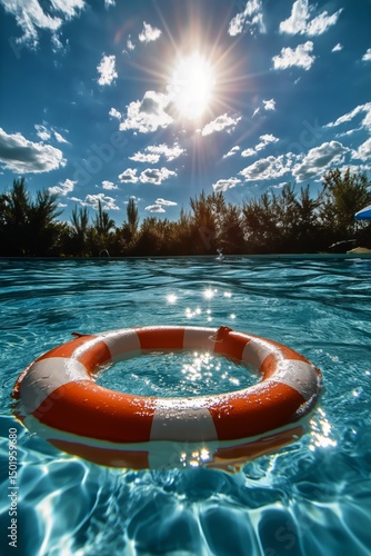 Bright Sunny Day With a Lifebuoy Floating in a Crystal-Clear Swimming Pool Su...