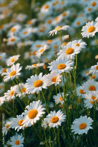 Vibrant Field of Daisies in Full Bloom Under Soft Sunlight During Springtime