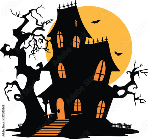 halloween background with castle and bats