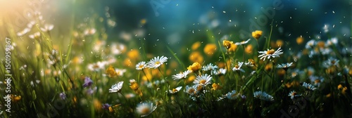 Vibrant Wildflower Meadow Illuminated by Sunlight During the Early Morning Hours