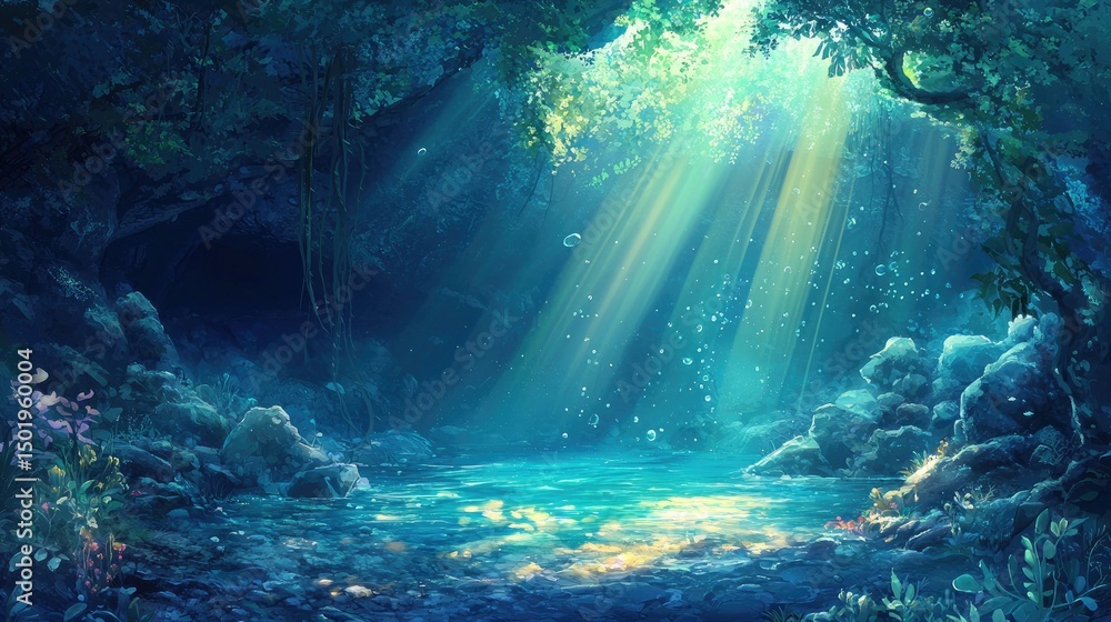 Obraz premium Illuminated underwater cave forest scene with light rays.