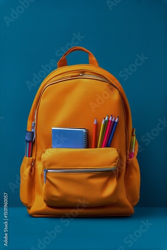 Bright Yellow Backpack Filled With School Supplies Against Vibrant Blue Backg...