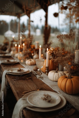 Elegant Autumn Dinner Setting With Pumpkins and Candles in a Rustic Outdoor L...