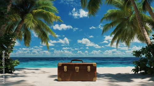 Vintage Suitcase by the Tropical Beach With Clear Blue Waters and Swaying Pal...