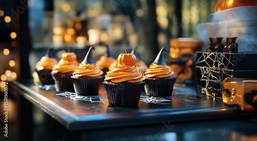 Festive Cupcake Display Featuring Orange Frosting and Halloween Decorations f...