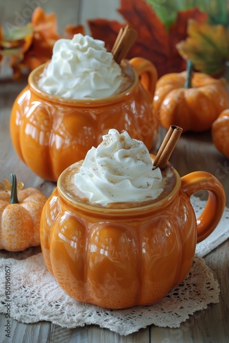 Delightful Pumpkin Spice Drinks Served in Festive Mugs With Whipped Cream and...