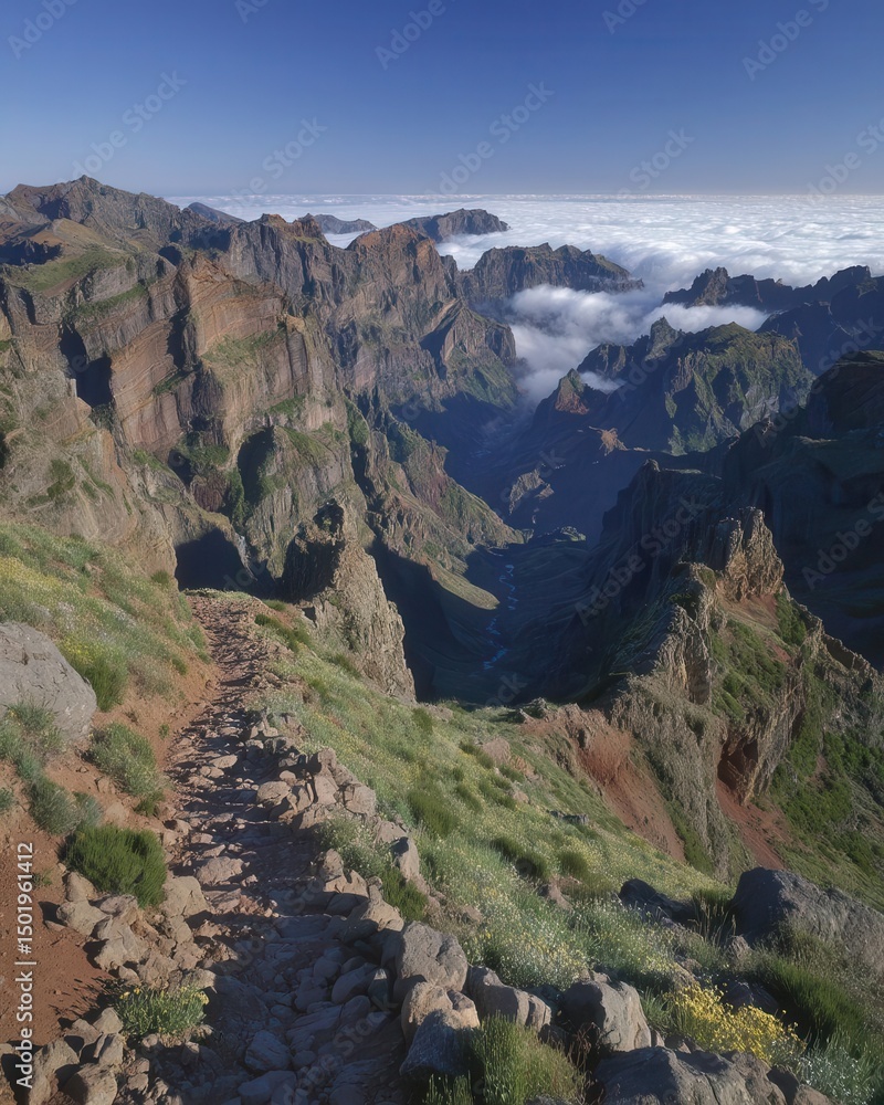 Obraz premium Pico do Arieiro, located in Madeira, Portugal, is home to a mountain trail that offers a thrilling hike, with its rugged terrain, lush green surroundings, and peaks enveloped in clouds, creating an