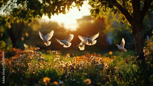 Birds Flying Over Colorful Flowers During Sunset in a Vibrant Garden