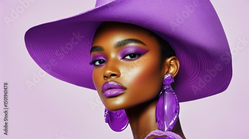 Model Showcases Vibrant Purple Fashion in Creative Studio Setting