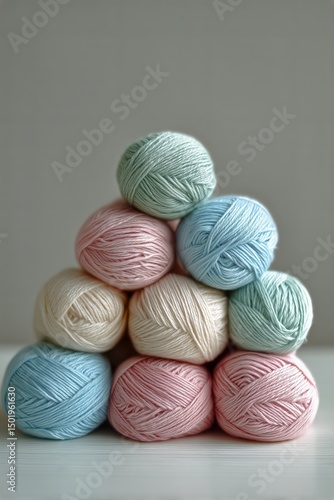 Beautifully Arranged Pastel Yarn Balls Stacked in a Pyramid Formation on a Li...