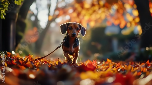 Dachshund Walks on Colorful Autumn Leaves in a Peaceful Neighborhood During S...