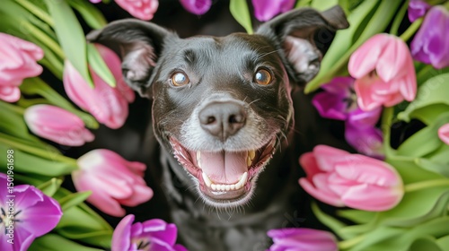 Happy Dog Surrounded by Colorful Tulips in a Vibrant Spring Garden Setting