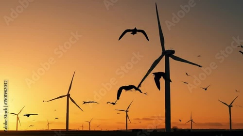 Wind turbine energy sunset renewable power windmills birds flying silhouettes scenic view