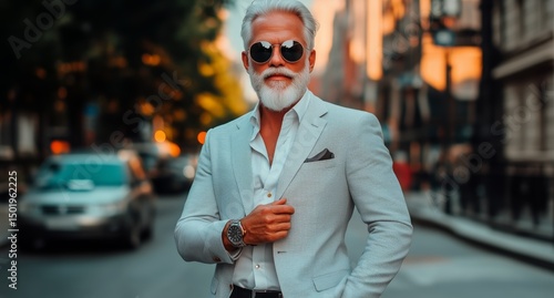 Stylish Elderly Man Confidently Poses on City Street During Golden Hour