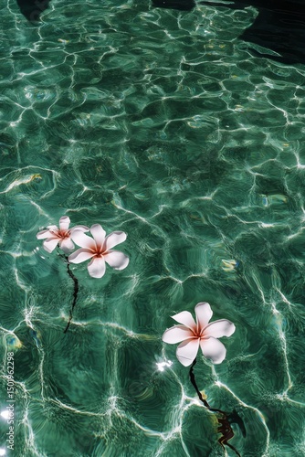 Frangipani Flowers Floating on Calm Water Create a Serene Oasis in a Tropical...