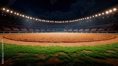 Empty equestrian arena at night, lit by spotlights, with a grassy ring and seating.