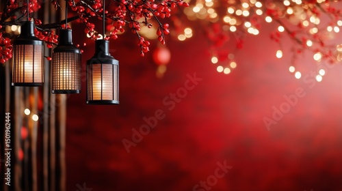 Elegant Lanterns Illuminated Against Festive Red Background During Evening Ce...