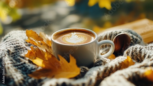 Cozy Autumn Setting With Coffee Cup and Colorful Leaves on a Knitted Blanket
