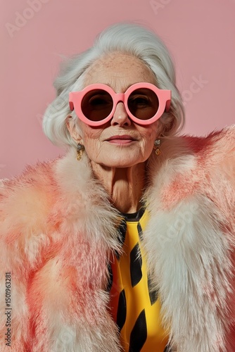 Portrait of an Elderly Woman With Stylish Glasses Wearing a Pastel Fur Coat A...